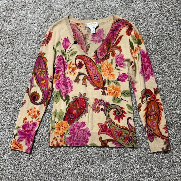 Talbots Petites Womens Sz M Sweater V Neck Floral & Paisley Print Merino Wool - Picture 7 of 7